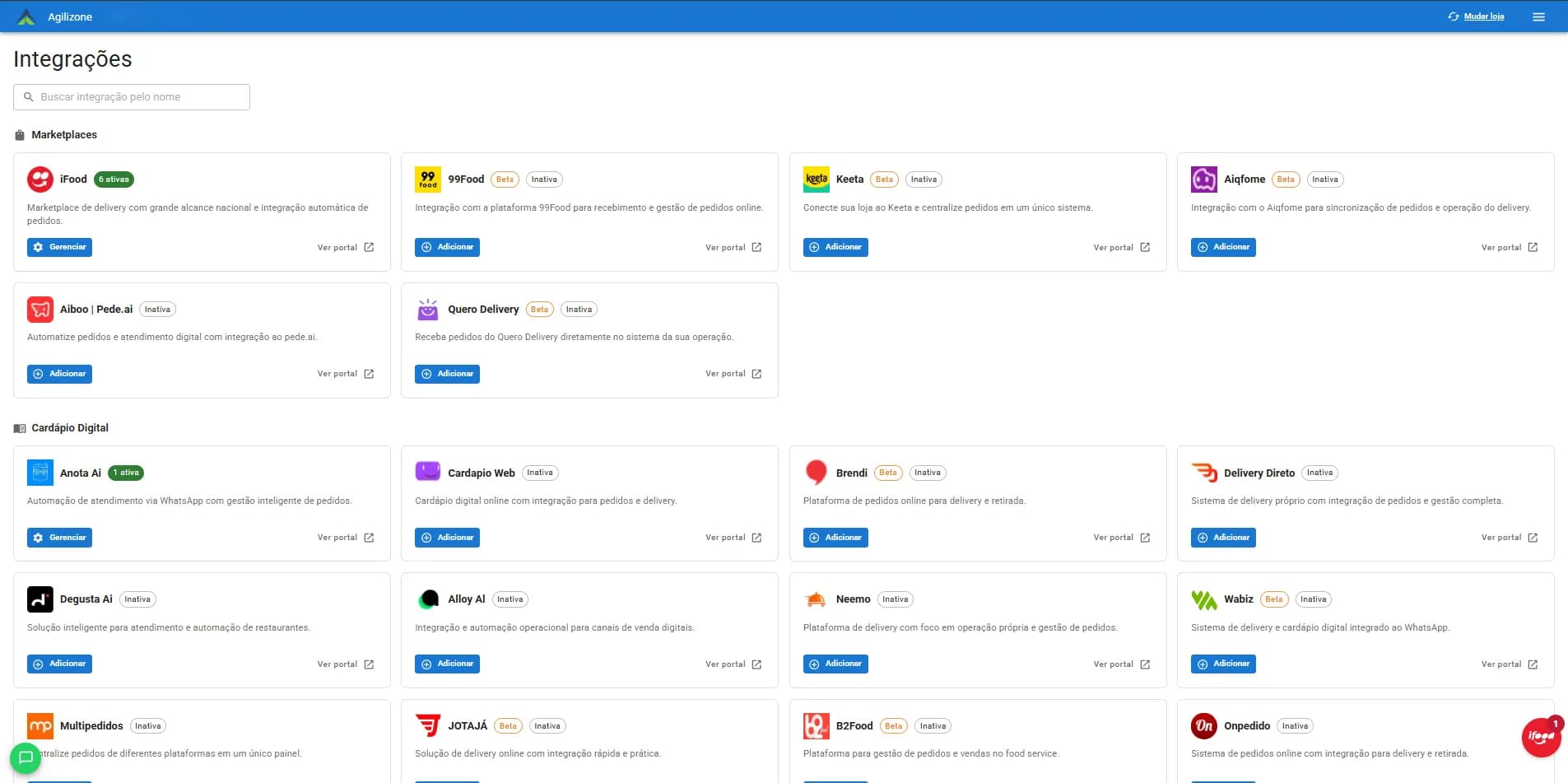 Tela de integrações do Agilizone com iFood, 99Food, Anota Ai, Cardápio Web e outras plataformas.